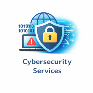Cybersecurity services with shield and laptop